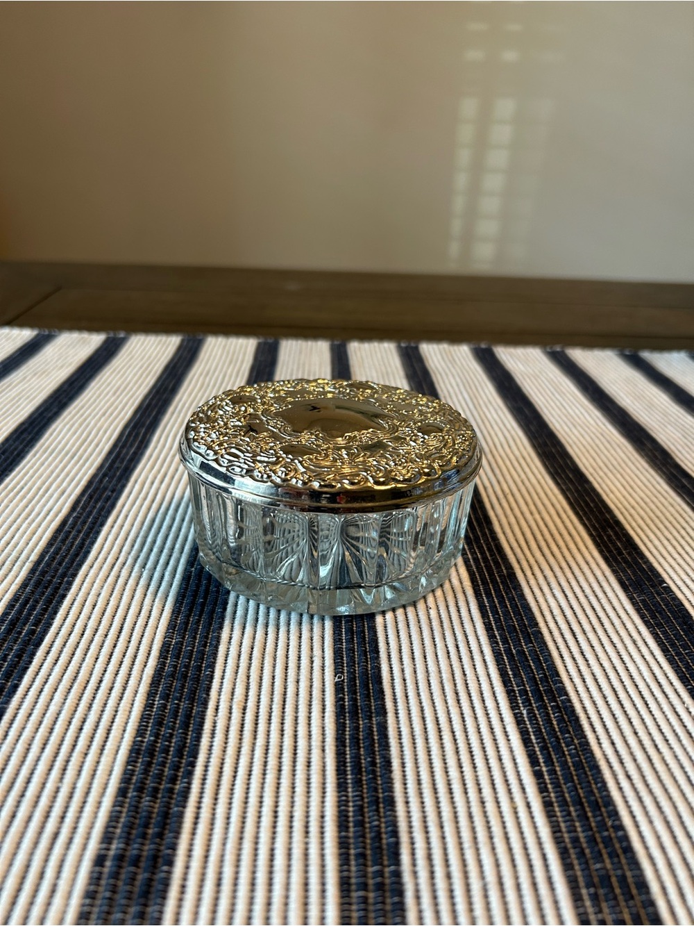 Vintage Glass Trinket/ Cosmetic Jar with Ornate Silver-Tone Lid